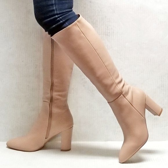 Shoes - New Nude Point Toe Knee High Chunky Heel Boots